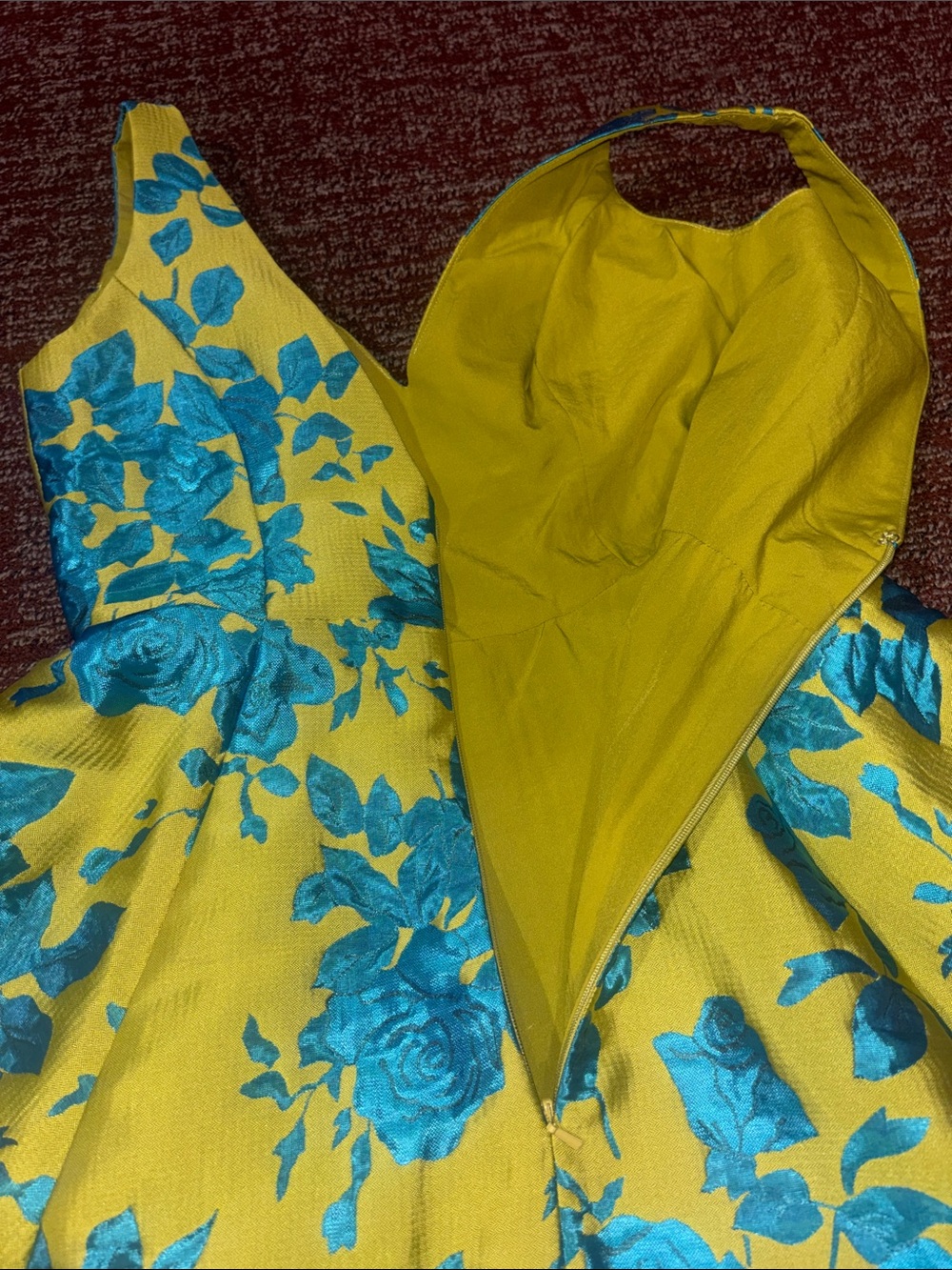 Ieena dress deep v low back skater skirt damask chartreuse pleated full skirt 2 - Picture 6 of 12